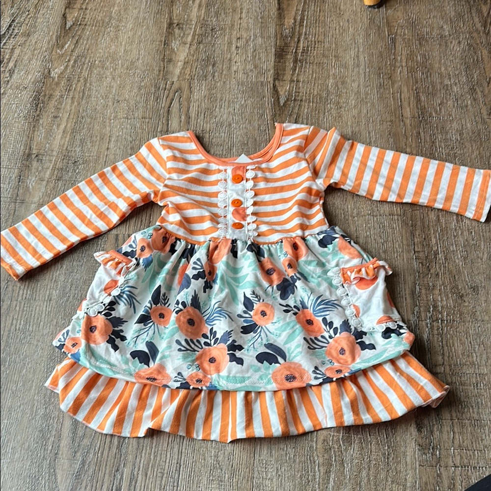 Orange and White Ruffled Long Sleeve Casual Dress
